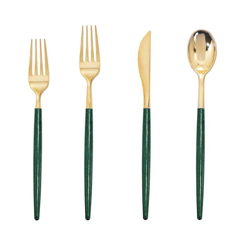 Supernal 180pcs Gold Plastic Silverware Green Plastic Cutlery Gold Cutlery Plastic with Green Glitter Handle Include 45 Knives 45 Dinner Forks 45 Dessert Forks 45 Spoons Suit for Party Birthday - Image 1