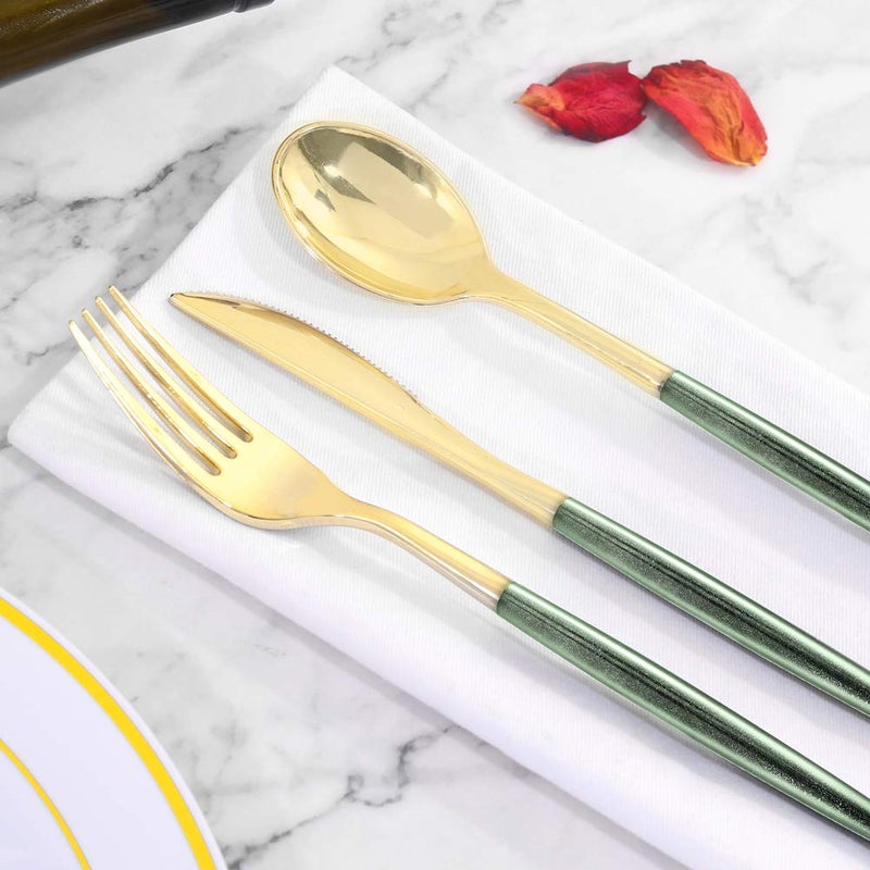 Supernal 180pcs Gold Plastic Silverware Green Plastic Cutlery Gold Cutlery Plastic with Green Glitter Handle Include 45 Knives 45 Dinner Forks 45 Dessert Forks 45 Spoons Suit for Party Birthday - Image 4