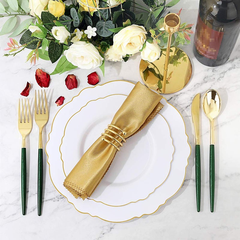 Supernal 180pcs Gold Plastic Silverware Green Plastic Cutlery Gold Cutlery Plastic with Green Glitter Handle Include 45 Knives 45 Dinner Forks 45 Dessert Forks 45 Spoons Suit for Party Birthday - Image 5