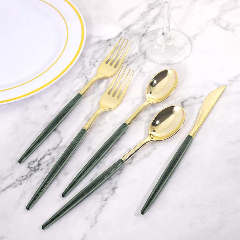 Supernal 180pcs Gold Plastic Silverware Green Plastic Cutlery Gold Cutlery Plastic with Green Glitter Handle Include 45 Knives 45 Dinner Forks 45 Dessert Forks 45 Spoons Suit for Party Birthday - Image 3