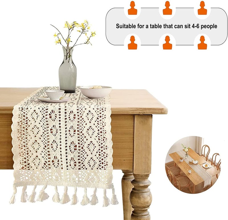 ELECDON Table Runners Cotton Crochet Table Cover Lace Boho Wedding Table Runner, Beige Macrame Cotton Crochet Lace Table Runner with Tassels Bohemian Wedding Bridal Decor, Home Dining Table Decor (25x180cm) - Image 2