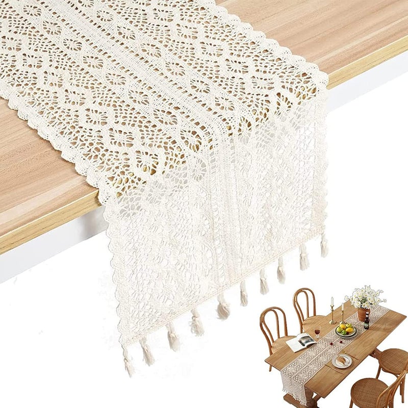 ELECDON Table Runners Cotton Crochet Table Cover Lace Boho Wedding Table Runner, Beige Macrame Cotton Crochet Lace Table Runner with Tassels Bohemian Wedding Bridal Decor, Home Dining Table Decor (25x180cm) - Image 1