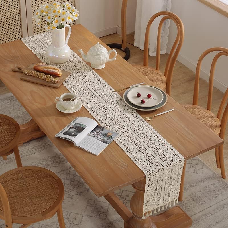 ELECDON Table Runners Cotton Crochet Table Cover Lace Boho Wedding Table Runner, Beige Macrame Cotton Crochet Lace Table Runner with Tassels Bohemian Wedding Bridal Decor, Home Dining Table Decor (25x180cm) - Image 3