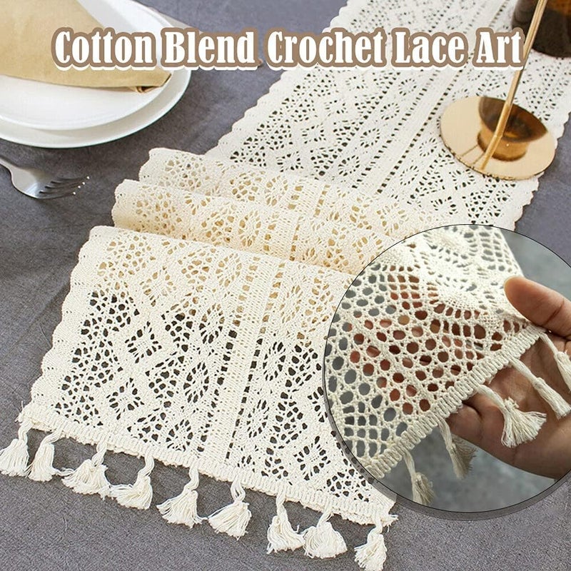 ELECDON Table Runners Cotton Crochet Table Cover Lace Boho Wedding Table Runner, Beige Macrame Cotton Crochet Lace Table Runner with Tassels Bohemian Wedding Bridal Decor, Home Dining Table Decor (25x180cm) - Image 5