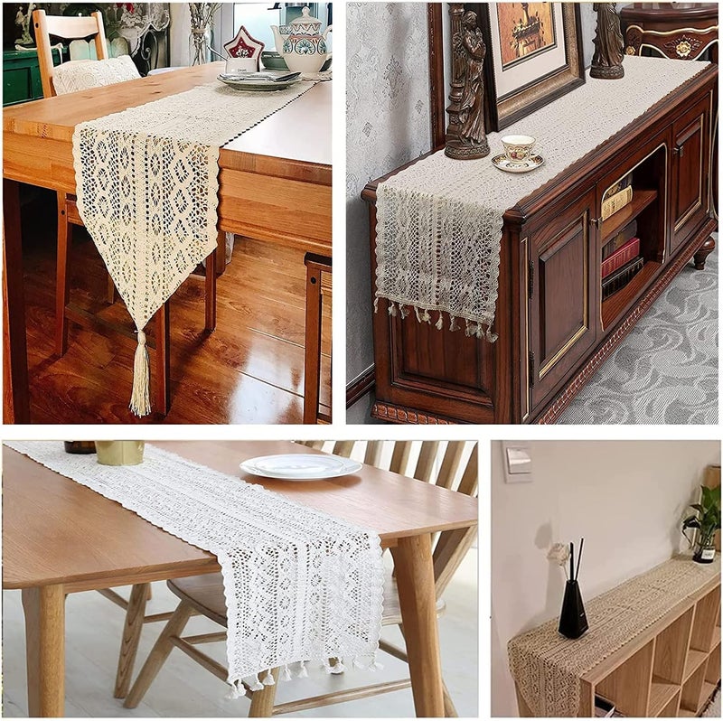 ELECDON Table Runners Cotton Crochet Table Cover Lace Boho Wedding Table Runner, Beige Macrame Cotton Crochet Lace Table Runner with Tassels Bohemian Wedding Bridal Decor, Home Dining Table Decor (25x180cm) - Image 4
