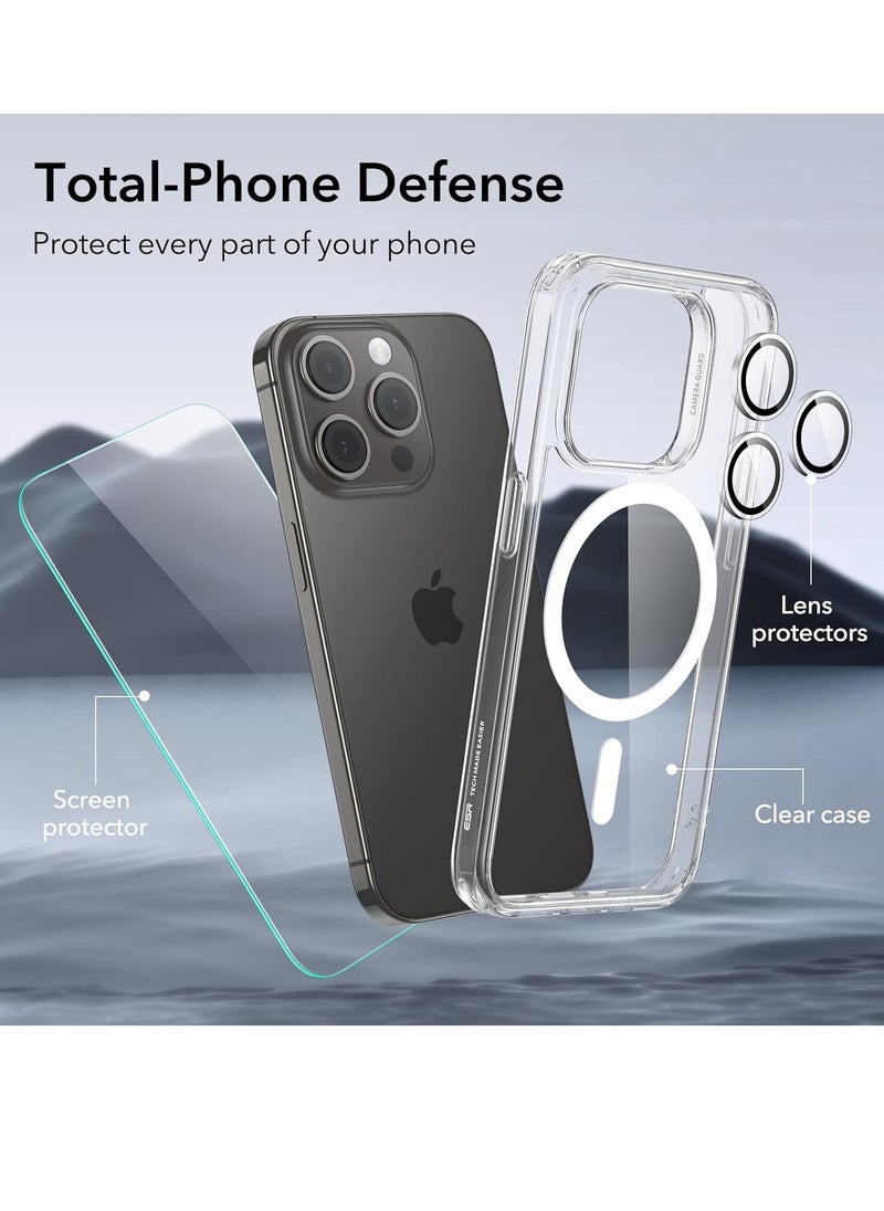 vesus iPhone 15 Pro Max Case Set, Compatible with MagSafe, 1 Tempered-Glass Screen Protector, 1 Set of Camera Lens Protectors, Yellowing and Scratch Resistant, Classic Series, Clear - Image 5