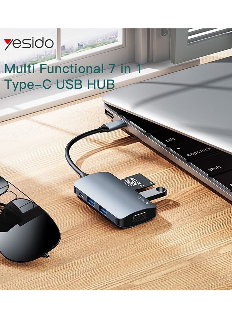 Yesido - HB16 7 In 1 Type-C To USB External Hub and Docking Station With USB 3.0 PD 100W For Laptop Blue - Image 1
