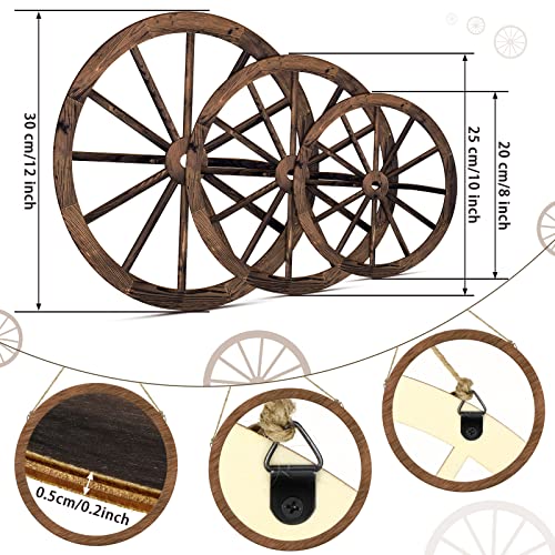 Qunclay 3 Pcs Wooden Wagon Wheel Decor 12/10/8 Inch Old Western Wall Decor Farmhouse Wagon Wheels Rustic Yard Hanging Decorative Art for Garden Home Bar Garage(Dark Brown) - Image 3