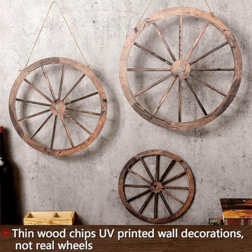 Qunclay 3 Pcs Wooden Wagon Wheel Decor 12/10/8 Inch Old Western Wall Decor Farmhouse Wagon Wheels Rustic Yard Hanging Decorative Art for Garden Home Bar Garage(Dark Brown) - Image 2