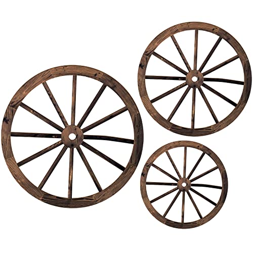 Qunclay 3 Pcs Wooden Wagon Wheel Decor 12/10/8 Inch Old Western Wall Decor Farmhouse Wagon Wheels Rustic Yard Hanging Decorative Art for Garden Home Bar Garage(Dark Brown) - Image 1