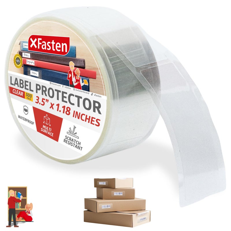 XFasten Clear Labels Sticker Protectors 500-Pack Waterproof and Yellowing-Resistant Clear Label Protectors for Barcode Stickers, Library Labels for Book Spines, Laboratory, Office (3.5 x 1.2 inch) - Image 1