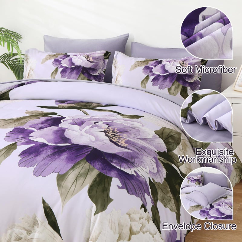 Dobuyly Purple Queen Comforter Set 7 Piece Bed in a Bag Queen, Purple Floral Printed on Light Purple Comforter Set with Sheets, Soft Microfiber Botanical Complete Bedding Set for All Season - Image 4