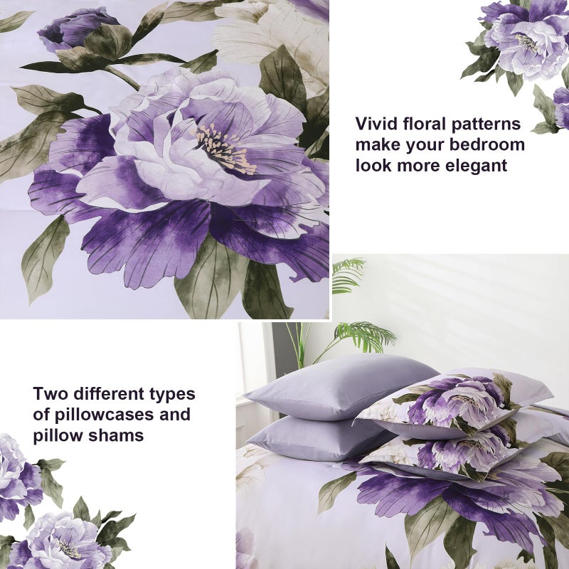 Dobuyly Purple Queen Comforter Set 7 Piece Bed in a Bag Queen, Purple Floral Printed on Light Purple Comforter Set with Sheets, Soft Microfiber Botanical Complete Bedding Set for All Season - Image 5