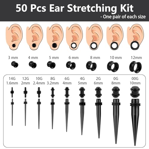 Okxiri 50 Pcs Ear Stretching Kit, Acrylic Gauges for Ears 14G-00G, Lightweight Tapers+ Plugs+ Silicone Tunnels, Gauge Stretching Kit, Piercing Earring Jewelry, for Men, Women, Starter Expanders - Image 2