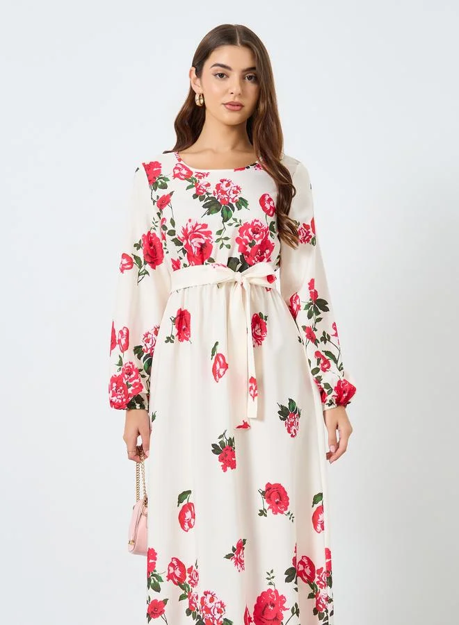 Take Two Floral Printed Tie Waist Elastic Cuffs  Maxi Dress