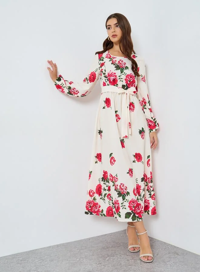 Take Two Floral Printed Tie Waist Elastic Cuffs  Maxi Dress