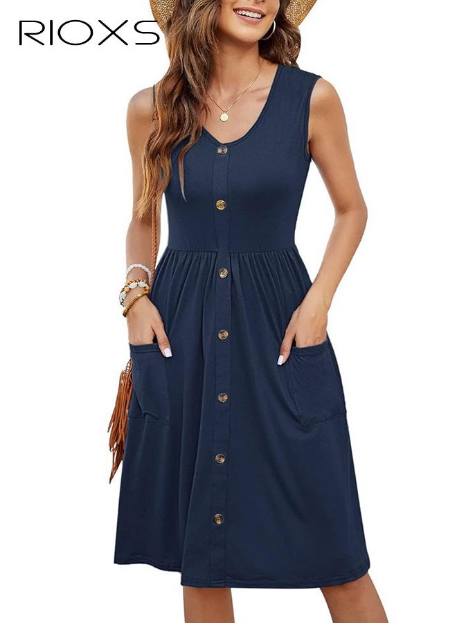 ريوكس فستان نسائي بدون أكمام بياقة على شكل V وأزرار، فستان بخصر عالٍ على شكل A للسيدات، فستان فضفاض بطول متوسط مع جيوب، فستان صيفي غير رسمي ناعم ومسامي، مناسب للشاطئ والعطلات والحفلات والمواعيد والتسوق والمكتب والمزيد، أزرق - Image 1