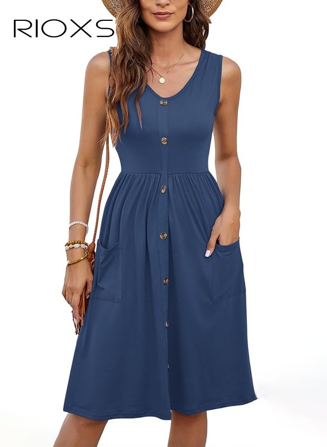 ريوكس فستان نسائي بدون أكمام بياقة على شكل V وأزرار، فستان بخصر عالٍ على شكل A للسيدات، فستان فضفاض بطول متوسط مع جيوب، فستان صيفي غير رسمي ناعم ومسامي، مناسب للشاطئ والعطلات والحفلات والمواعيد والتسوق والمكتب والمزيد، أزرق - Image 3