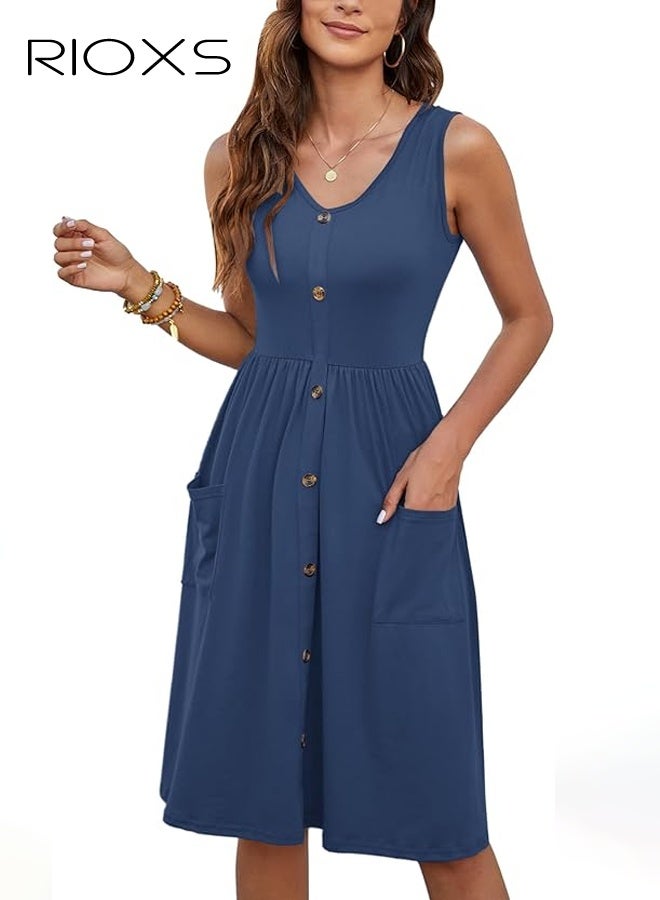 ريوكس فستان نسائي بدون أكمام بياقة على شكل V وأزرار، فستان بخصر عالٍ على شكل A للسيدات، فستان فضفاض بطول متوسط مع جيوب، فستان صيفي غير رسمي ناعم ومسامي، مناسب للشاطئ والعطلات والحفلات والمواعيد والتسوق والمكتب والمزيد، أزرق - Image 4