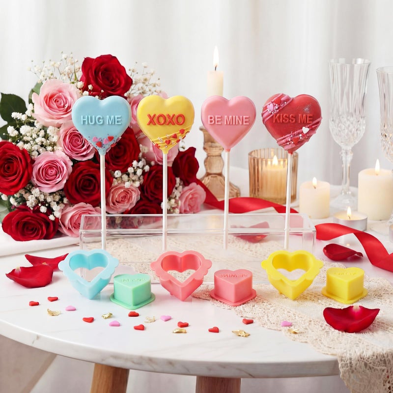 Willinglong 4 Pcs Valentine Conversation Heart Cake Pop Mold with Sticks Heart Cake Pop Cutter and Pusher with Love Word Valentine Baking Mold Kit with Tray for DIY Gift, Party, Home Desserts Making - Image 4