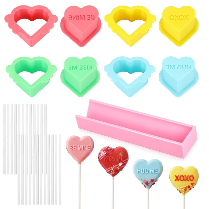 Willinglong 4 Pcs Valentine Conversation Heart Cake Pop Mold with Sticks Heart Cake Pop Cutter and Pusher with Love Word Valentine Baking Mold Kit with Tray for DIY Gift, Party, Home Desserts Making - Image 1