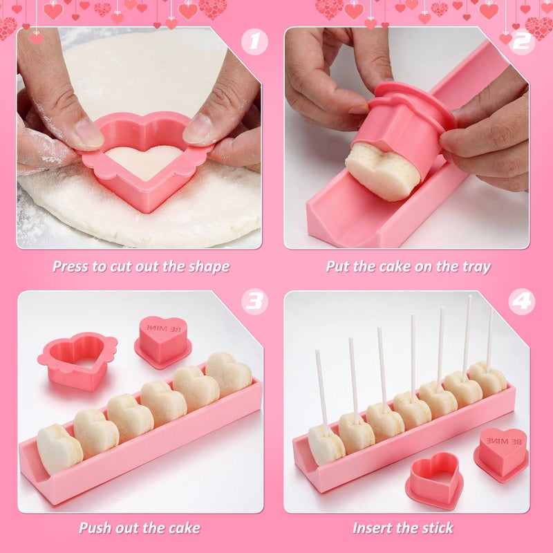Willinglong 4 Pcs Valentine Conversation Heart Cake Pop Mold with Sticks Heart Cake Pop Cutter and Pusher with Love Word Valentine Baking Mold Kit with Tray for DIY Gift, Party, Home Desserts Making - Image 3