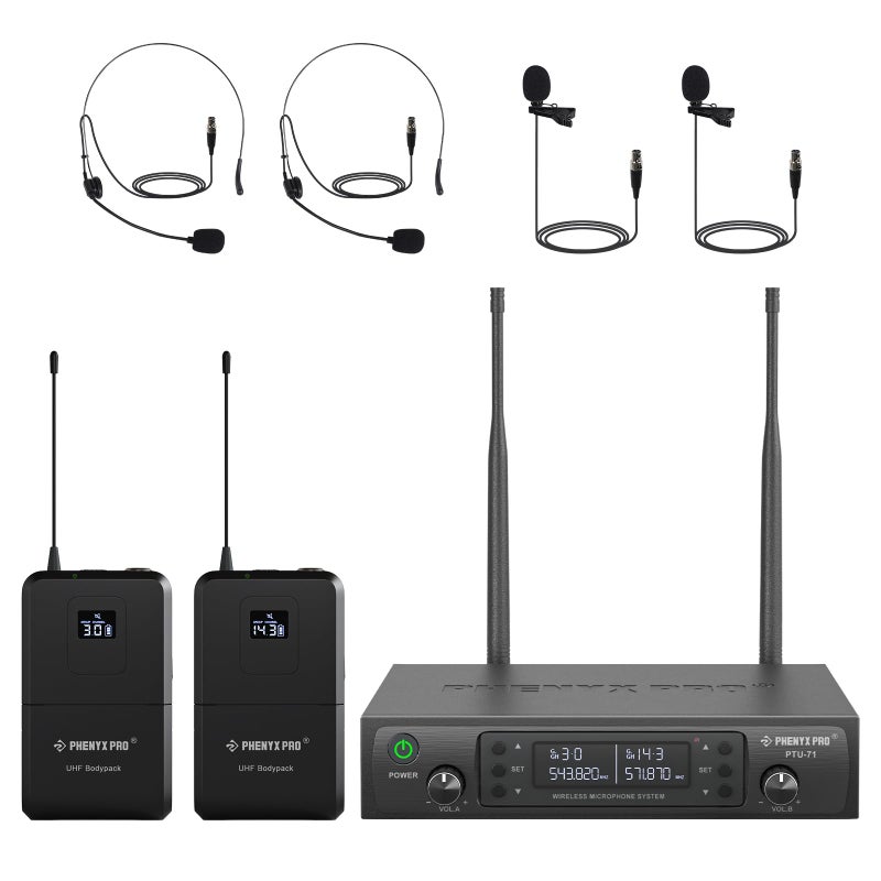 نظام ميكروفون لاسلكي مزدوج UHF من فينيكس برو مع ميكروفون لاسلكي AutoScan مزود بـ 2x100 ترددات و 2 حزمة جسم وميكروفونات لابيل للتحدث والغناء والكنيسة ودي جي PTU712B