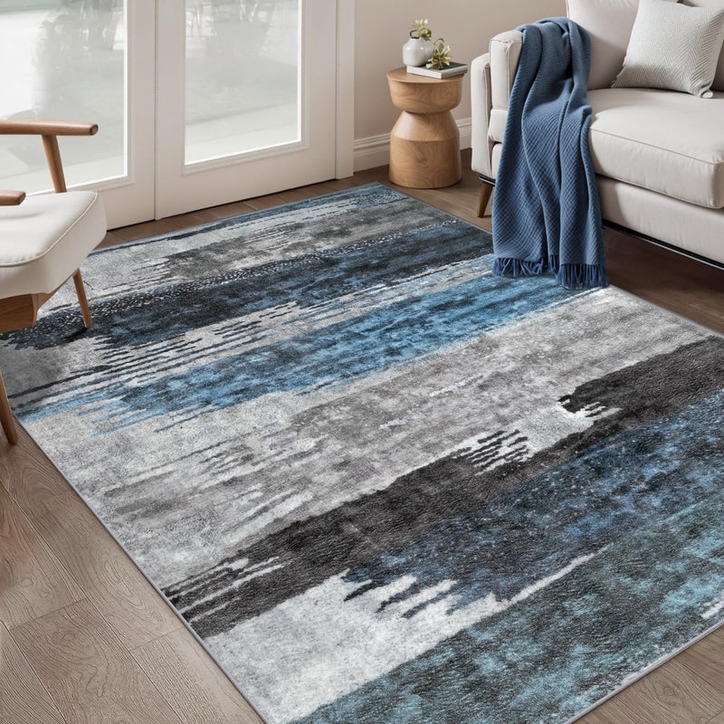 Ciicool Abstract Area Rug Indoor, 3x5 Washable Entryway Rug, Modern Soft Throw Rug with Non-Slip Backing Ideal for Bedroom Living Room Entrance Kitchen, Low-Pile Floor Carpet Doormat Blue Grey - Image 1