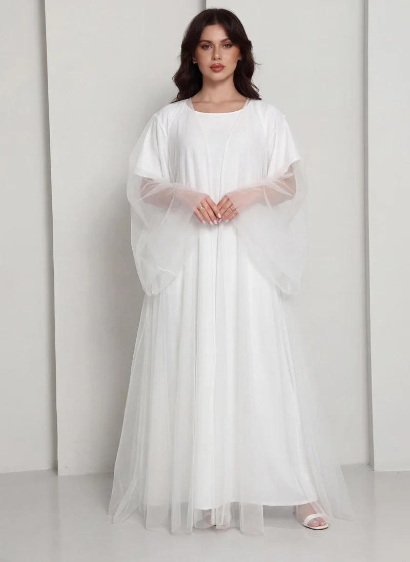 أم سكوير فاشن White Tulle Net Designer Abaya