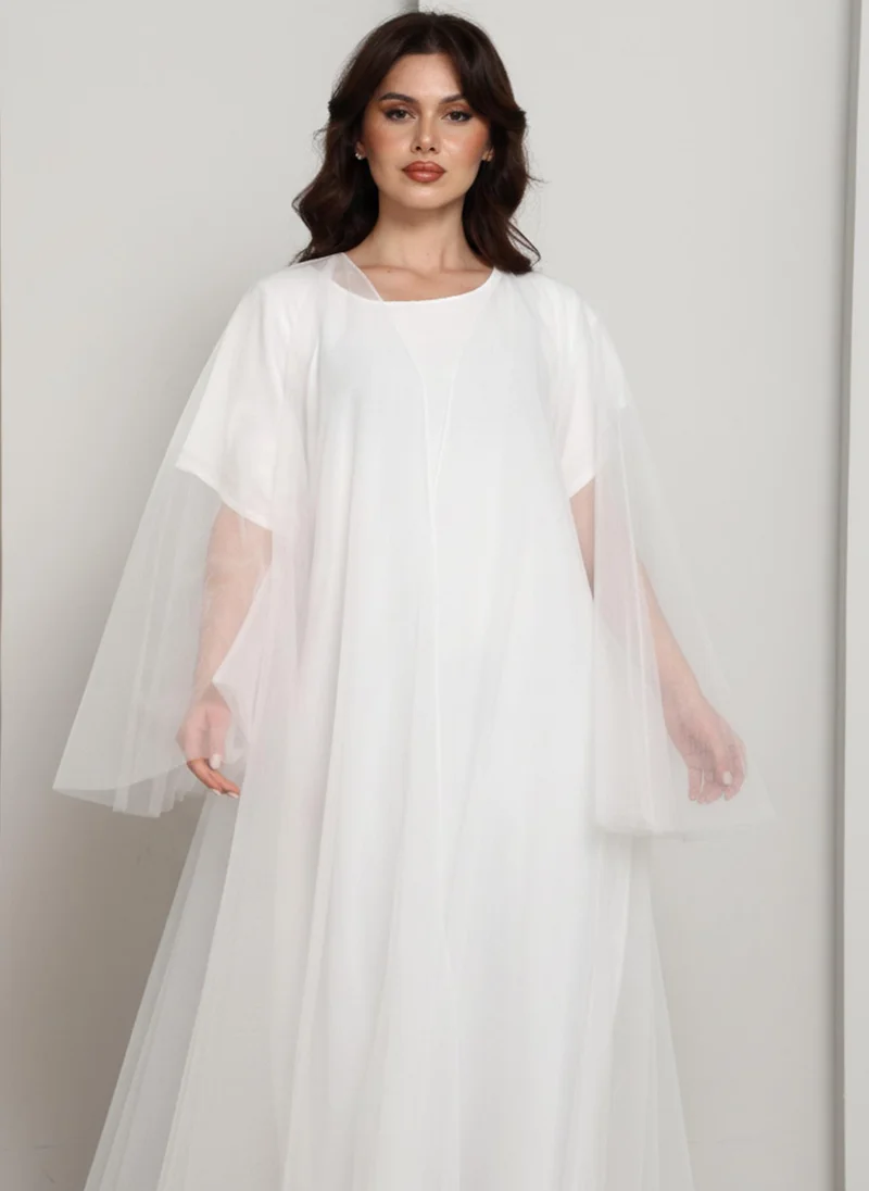 أم سكوير فاشن White Tulle Net Designer Abaya