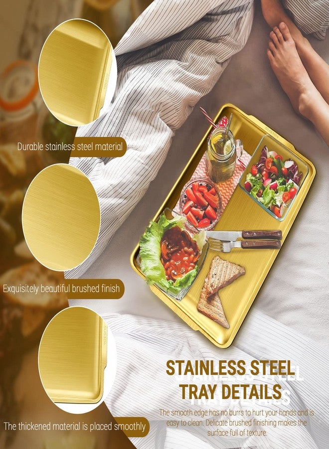 Roucerlin 2Pcs Stainless Steel Serving Tray, 15.7 x 9.4In Rectangle Gold Serving Platter with Handle, Decorative Coffee Table Plate, Ottoman Dish for Party Eating Kitchen Food Dessert BBQ (2Pcs) - Image 3