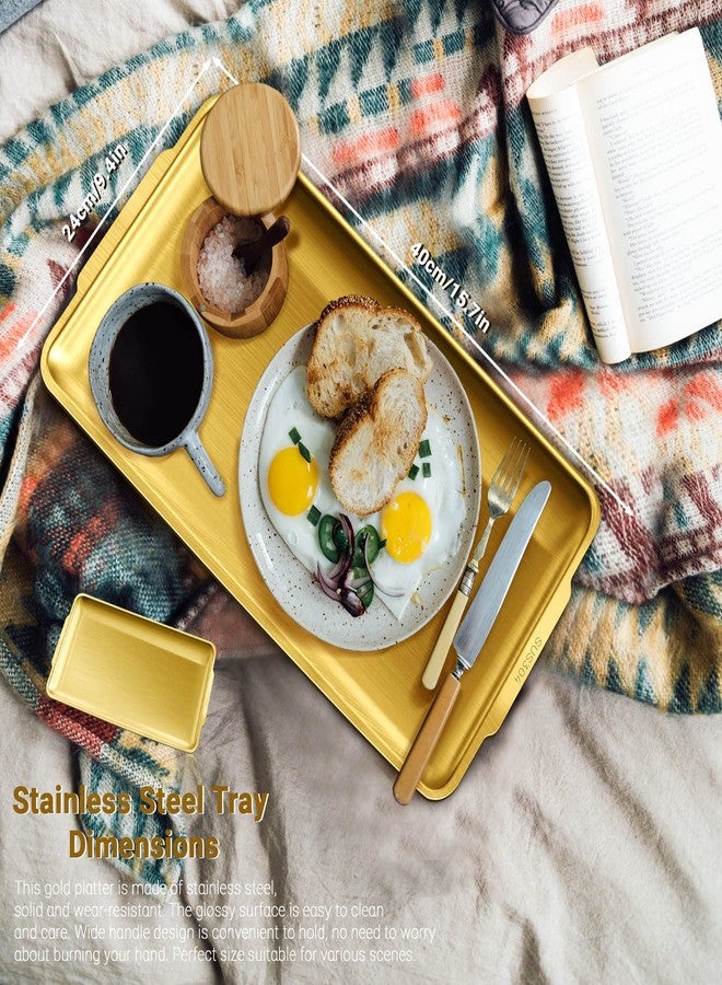 Roucerlin 2Pcs Stainless Steel Serving Tray, 15.7 x 9.4In Rectangle Gold Serving Platter with Handle, Decorative Coffee Table Plate, Ottoman Dish for Party Eating Kitchen Food Dessert BBQ (2Pcs) - Image 2