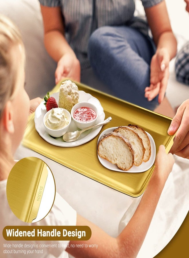 Roucerlin 2Pcs Stainless Steel Serving Tray, 15.7 x 9.4In Rectangle Gold Serving Platter with Handle, Decorative Coffee Table Plate, Ottoman Dish for Party Eating Kitchen Food Dessert BBQ (2Pcs) - Image 4