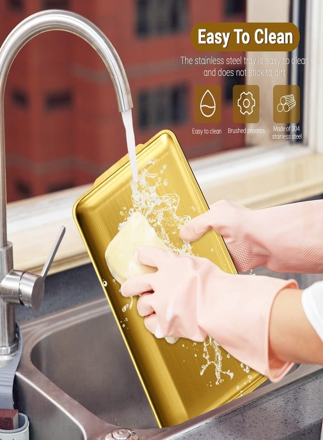 Roucerlin 2Pcs Stainless Steel Serving Tray, 15.7 x 9.4In Rectangle Gold Serving Platter with Handle, Decorative Coffee Table Plate, Ottoman Dish for Party Eating Kitchen Food Dessert BBQ (2Pcs) - Image 5