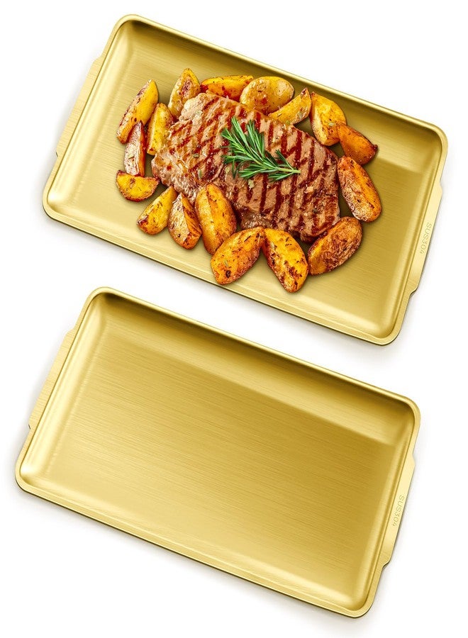 Roucerlin 2Pcs Stainless Steel Serving Tray, 15.7 x 9.4In Rectangle Gold Serving Platter with Handle, Decorative Coffee Table Plate, Ottoman Dish for Party Eating Kitchen Food Dessert BBQ (2Pcs) - Image 1