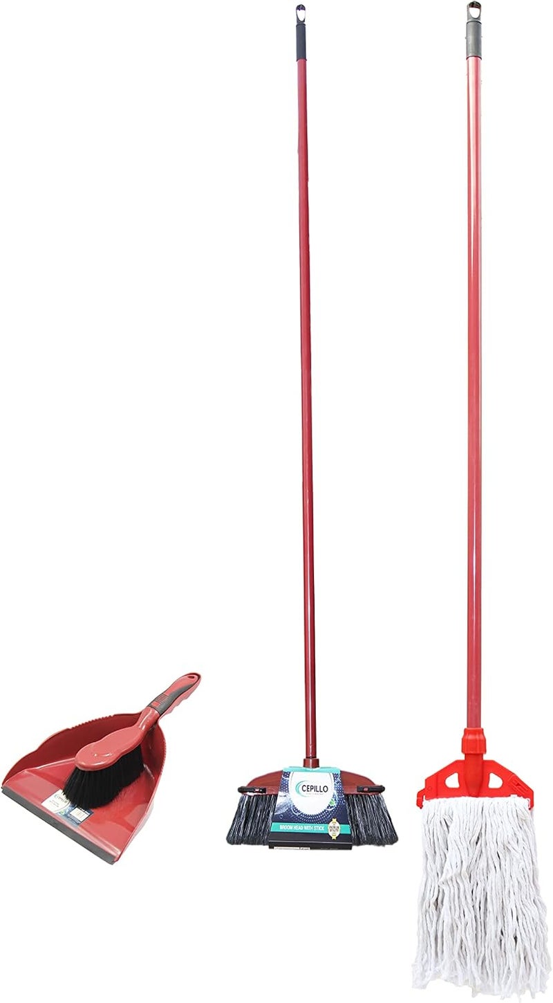CEPILLO Long Handle Cleaning Broom brush + Dustpan with portable hand broom + Floor Cleaning Wet Mop Red/White, combo SET OF 3… - Image 1