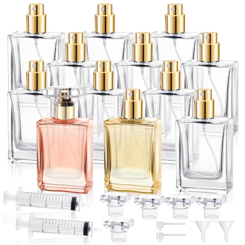 Worldity 12 Pack Refillable Glass Perfume Bottles - Premium Square Gold Atomizer Spray Bottles, Leak-Proof Portable Empty Perfume Containers for Travel, Purse, Gym & Home Office Use - Image 1