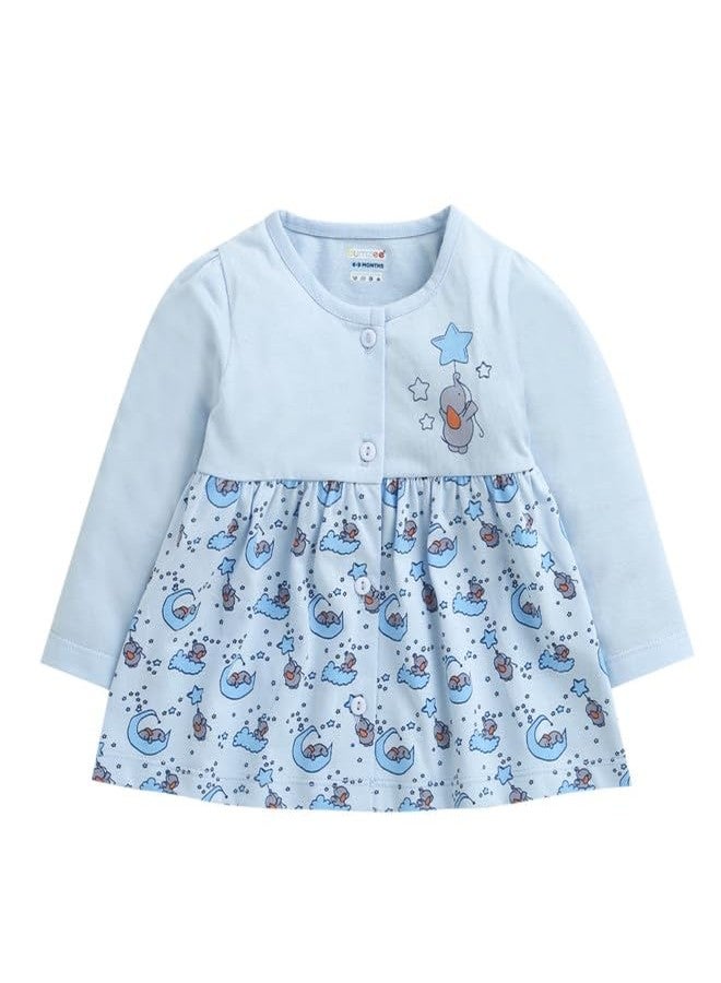 BUMZEE Baby Girls Cotton Knee Length Fit & Flare Dress Sky Blue - 3-6 Months (Peb10677C-sbl) - Image 1