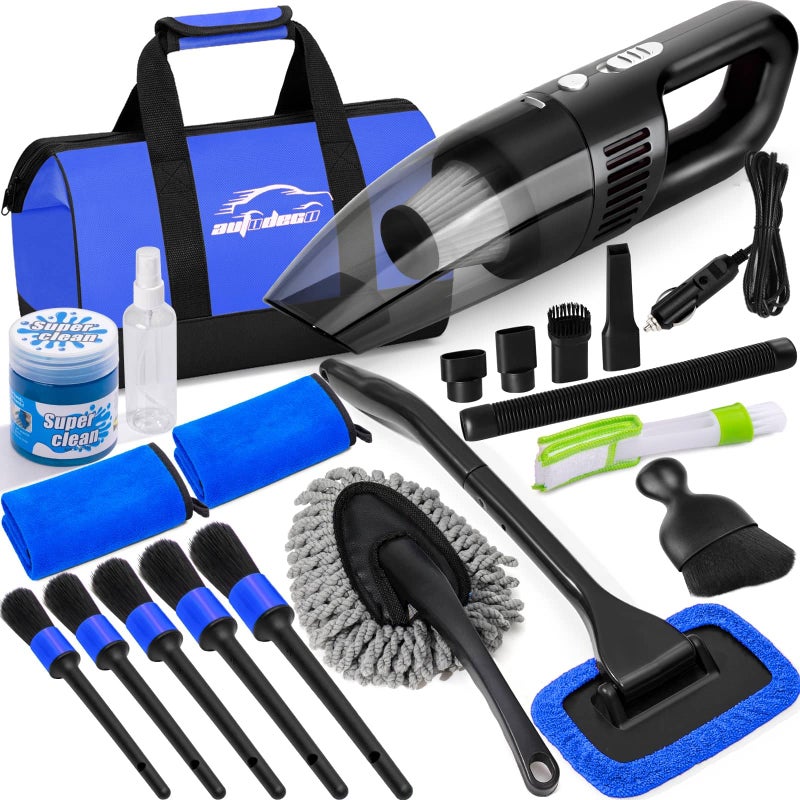 AUTODECO Car Cleaning Kit, Car Vacuum Interior Detailing Cleaner Kit with High Power Handheld Vacuum, Brush Set, Windshield Tool, Duster, Towels, Complete Car Care Tools for Women (Blue) - Image 1