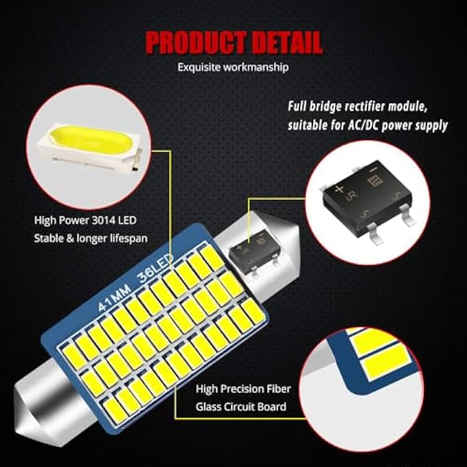YEERON 578 2112 Led Bulb Super Bright 36Smd 3014 Chips 41Mm 42Mm Canbus Festoon 2122 2112 2122 2142 6411 560 569 Led Interior Dome Map Trunk Step Courtesy LightsXenon White10Pack - Image 3