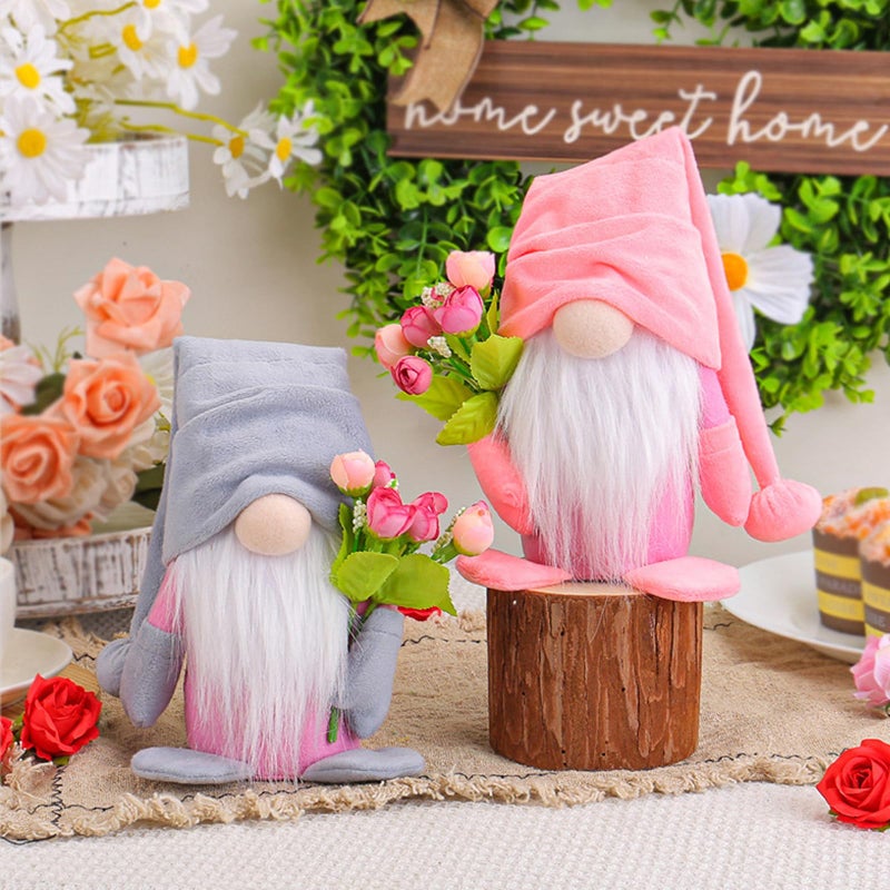 BLESOUYI Spring Gnome Plush Decoration with Pink Hat and Flowers, Mother's Day Table Topper, Home Decor - Image 3