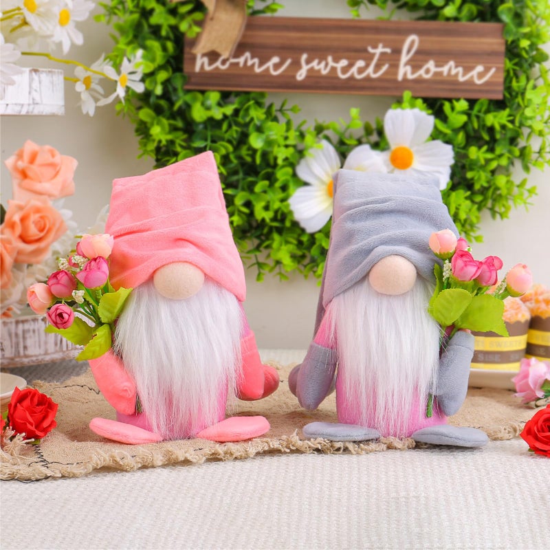 BLESOUYI Spring Gnome Plush Decoration with Pink Hat and Flowers, Mother's Day Table Topper, Home Decor - Image 4