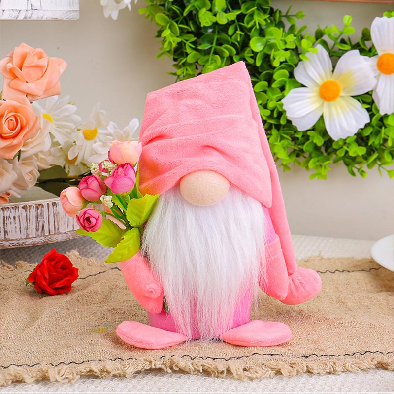 BLESOUYI Spring Gnome Plush Decoration with Pink Hat and Flowers, Mother's Day Table Topper, Home Decor - Image 2