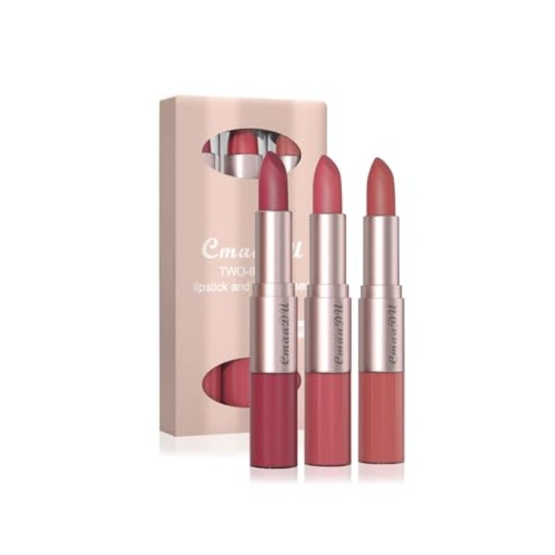 طقم أحمر شفاه وGloss بقطعتين 2 في 1، شامواه مطفي، رأس مزدوج، لون غني عالي التصبغ، مقاوم للماء، يدوم طويلاً، مجموعة هدايا لمكياج الشفاه للنساء - أحمر معجون فاصولياء وردي خوخي، زهري معجون فاصولياء - Image 1