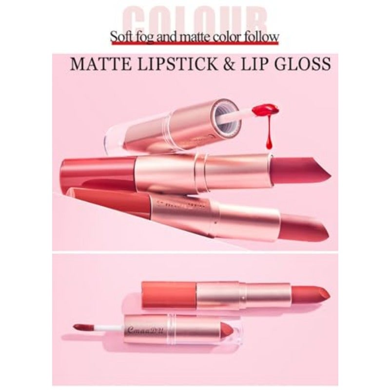 طقم أحمر شفاه وGloss بقطعتين 2 في 1، شامواه مطفي، رأس مزدوج، لون غني عالي التصبغ، مقاوم للماء، يدوم طويلاً، مجموعة هدايا لمكياج الشفاه للنساء - أحمر معجون فاصولياء وردي خوخي، زهري معجون فاصولياء - Image 2