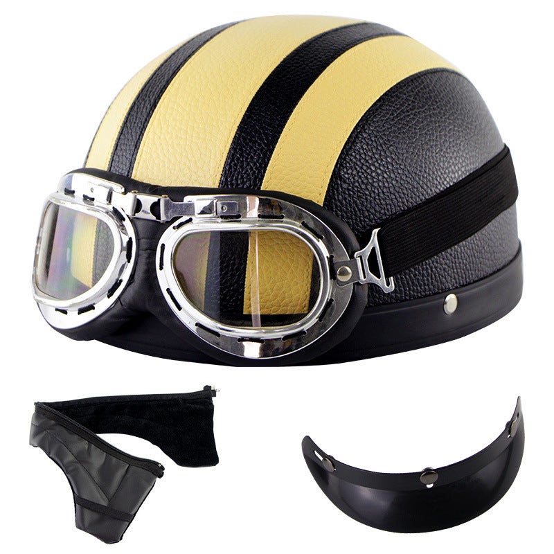 Generic Motorcycle Half Helmet Unisex Summer Riding Safety Gear Yellow leather helmet + Harley goggles + detachable scarf 