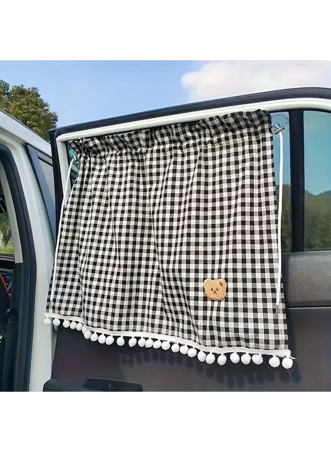 Black Plaid Bear Car Sunshade Curtain Magnetic Privacy Insulation Screen Universal Blackout Window Cover - Image 1