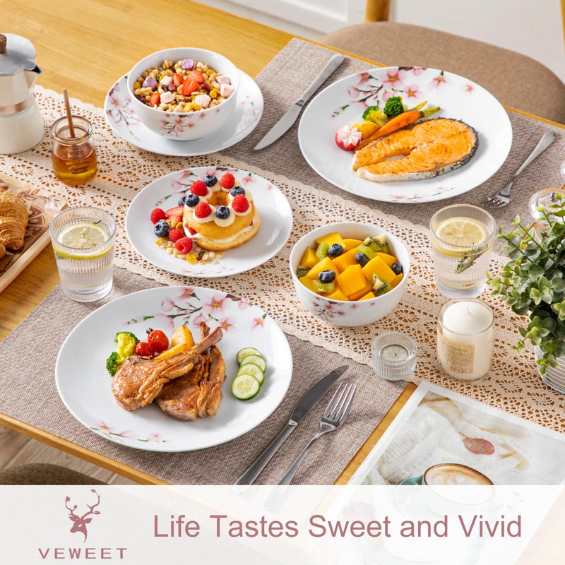 VEWEET Porcelain Dinnerware Sets for 4, 12 Pieces Plates and Bowls Set with Pink Floral, Kitchen Dishes Set Dining Ware for Family, Microwave and Dishwasher Safe, Series ANNIE - Image 3