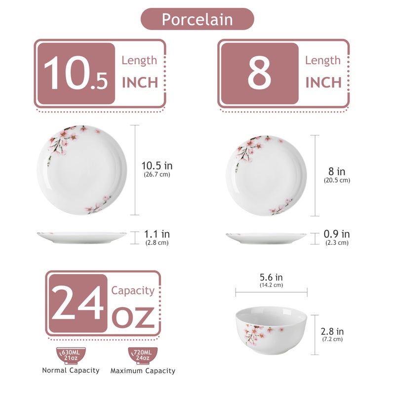 VEWEET Porcelain Dinnerware Sets for 4, 12 Pieces Plates and Bowls Set with Pink Floral, Kitchen Dishes Set Dining Ware for Family, Microwave and Dishwasher Safe, Series ANNIE - Image 2