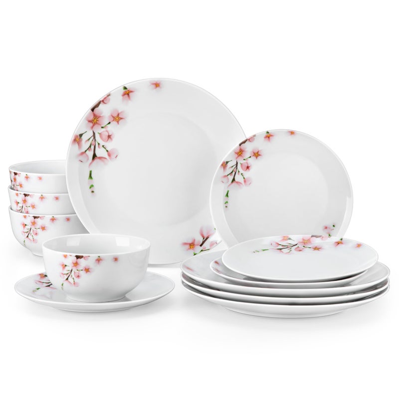 VEWEET Porcelain Dinnerware Sets for 4, 12 Pieces Plates and Bowls Set with Pink Floral, Kitchen Dishes Set Dining Ware for Family, Microwave and Dishwasher Safe, Series ANNIE - Image 1
